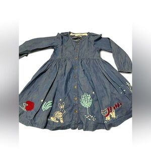 Kids Casual Denim Dress with Embroidered Animals